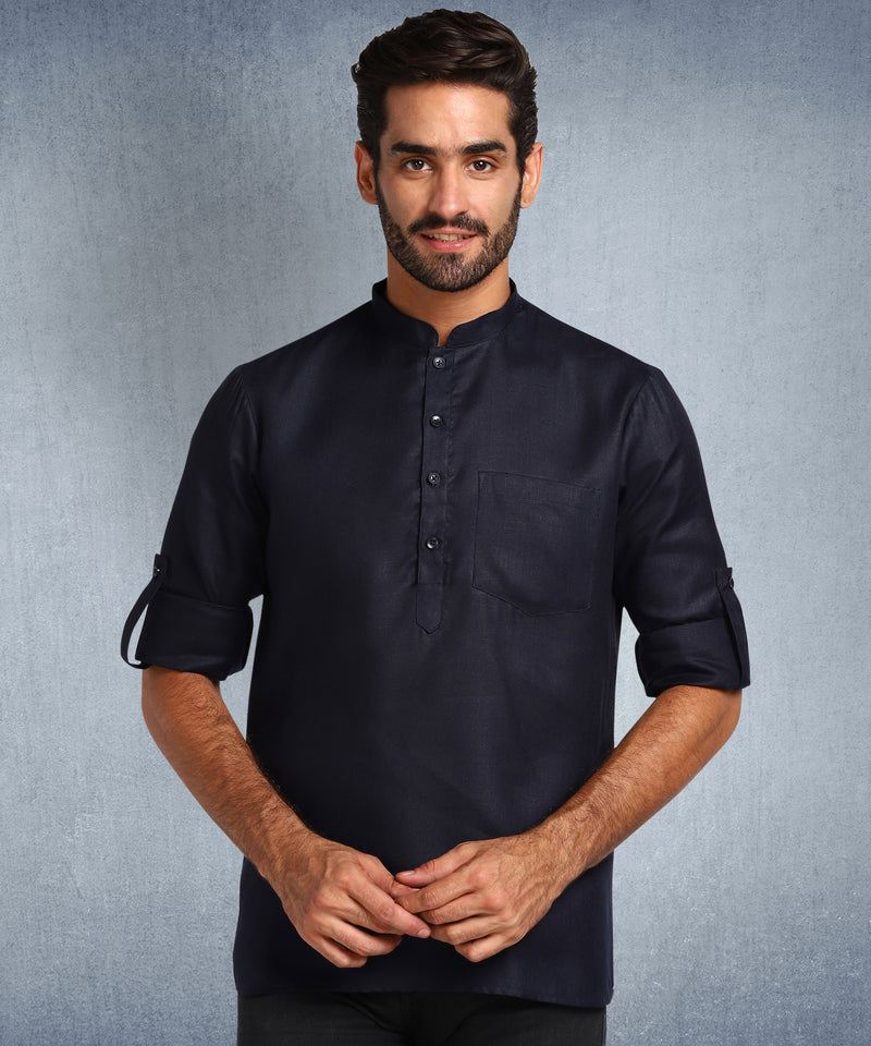 Hangup Men Standard Solid Men's Indian Wear-Navy_Magic_Patch_Short2Kurta