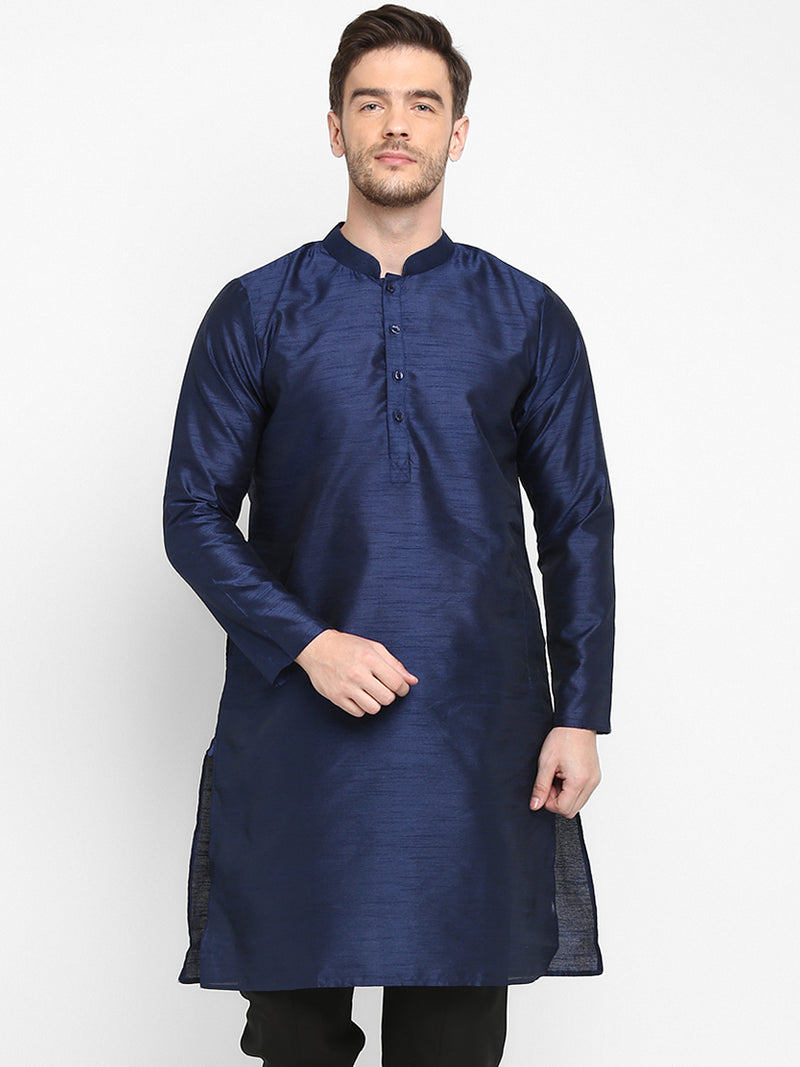 Hangup Men Standard Solid Men's Indian Wear-Navy_Dupion_LongKurta