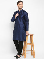 Hangup Men Standard Solid Men's Indian Wear-Navy_Dupion_LongKurta