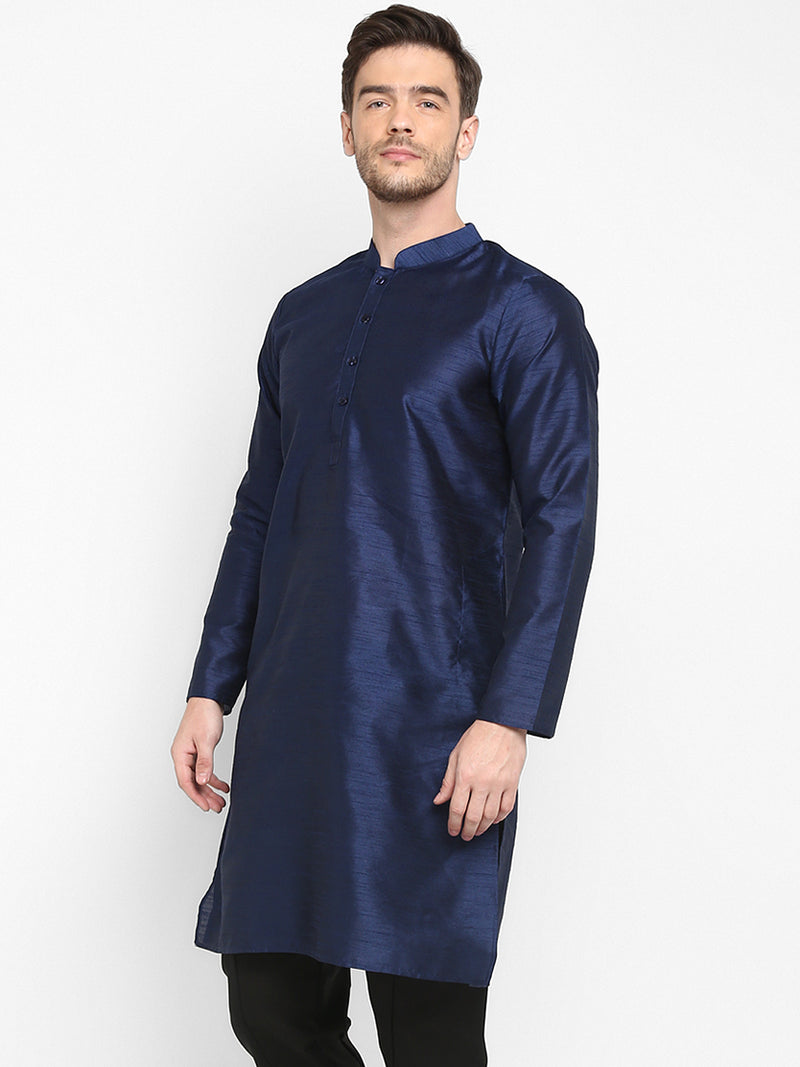 Hangup Men Standard Solid Men's Indian Wear-Navy_Dupion_LongKurta