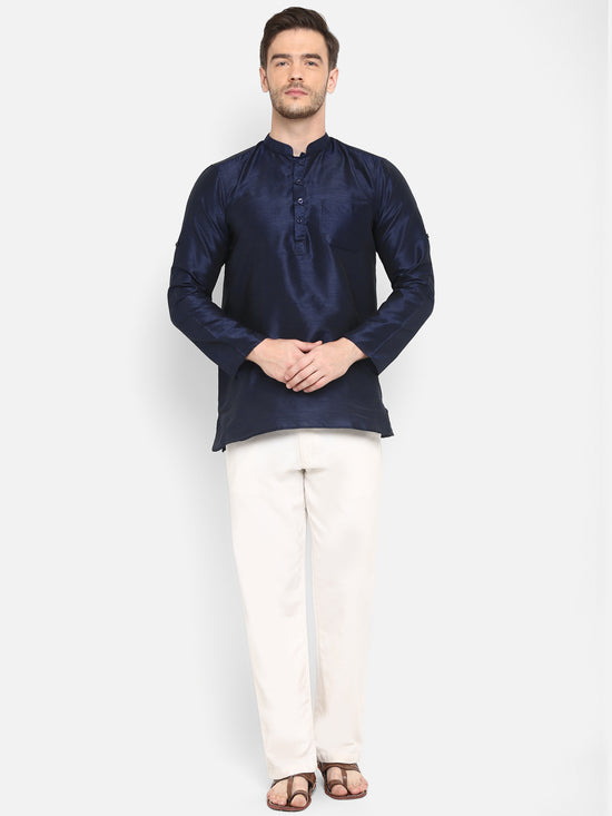 Hangup Men Standard Solid Men's Indian Wear-Navy_Dupion_Patch_ShortKurta