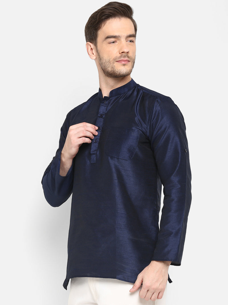 Hangup Men Standard Solid Men's Indian Wear-Navy_Dupion_Patch_ShortKurta