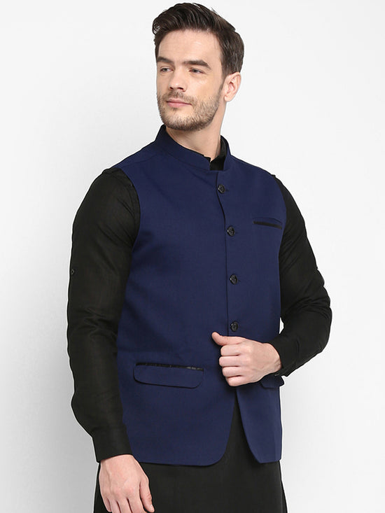 Hangup Men Standard Solid Men's Indian Wear-Navy_Jute1_Nehru