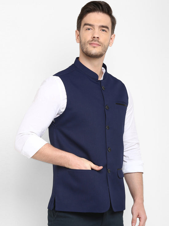 Hangup Men Standard Solid Men's Indian Wear-Navy_Jute_Nehru