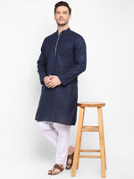 Hangup Men Standard Solid Men's Indian Wear-Navy_Piping_LongKurta