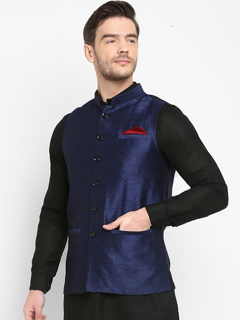 Hangup Men Standard Solid Men's Indian Wear-Navy_SIlk1_Nehru