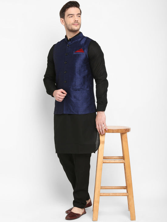 Hangup Men Standard Solid Men's Indian Wear-Navy_SIlk1_Nehru