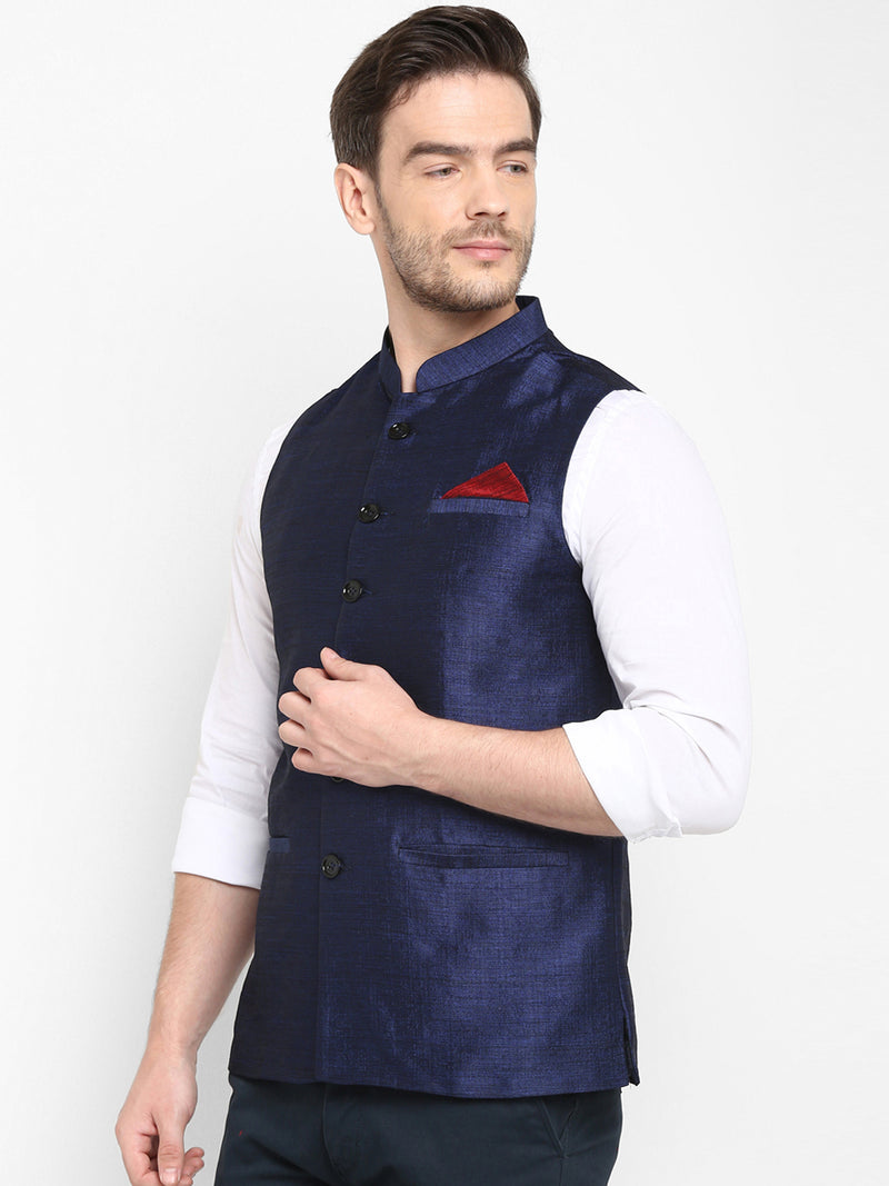 Hangup Men Standard Solid Men's Indian Wear-Navy_SIlk_Nehru