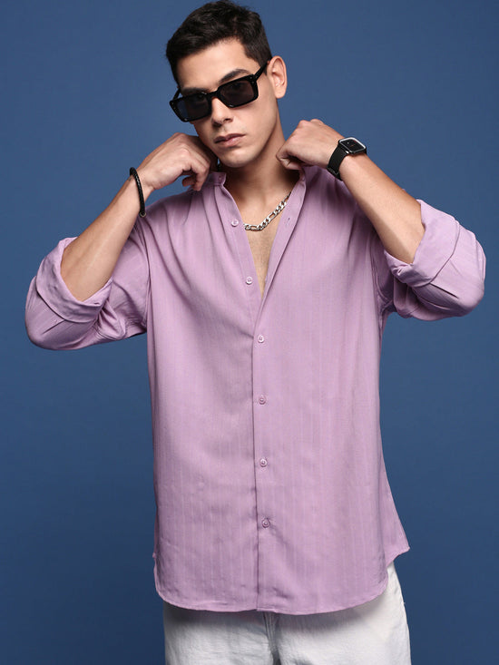 Men Mandarin Collar Solid Lavender Slim Fit Shirt-Noah-2972-Lavender