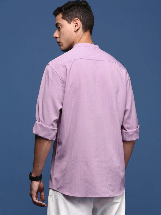 Men Mandarin Collar Solid Lavender Slim Fit Shirt-Noah-2972-Lavender