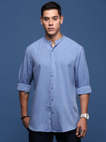 Men Mandarin Collar Solid Blue Slim Fit Shirt-Noah-2977-Blue