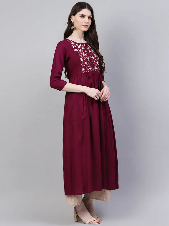 Women's Embroidered Rayon Flared Kurta-Noorwine-S