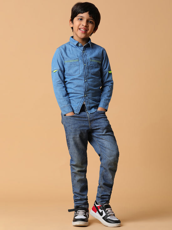 Tales & Stories Blue Solid Cotton Shirt For Boys