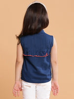 Tales & Stories Navy Blue Cotton Spread Collar Top For Girls