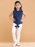 Tales & Stories Navy Blue Cotton Spread Collar Top For Girls