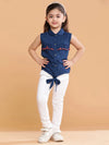 Tales & Stories Navy Blue Cotton Spread Collar Top For Girls