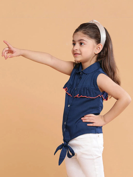 Tales & Stories Navy Blue Cotton Spread Collar Top For Girls