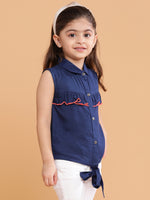 Tales & Stories Navy Blue Cotton Spread Collar Top For Girls