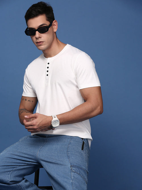 Men Solid White Slim Fit T-Shirt-OD-FourButton-White