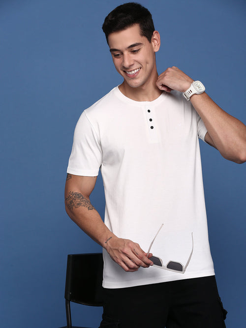 Men Solid White Slim Fit T-Shirt-OD-ThreeButton-White