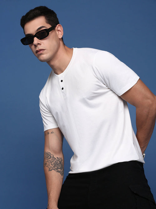 Men Solid White Slim Fit T-Shirt-OD-TwoButton-White