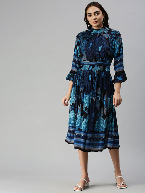 Women Printed Empire Navy Blue Dress-ON-S02-Navyblueblue