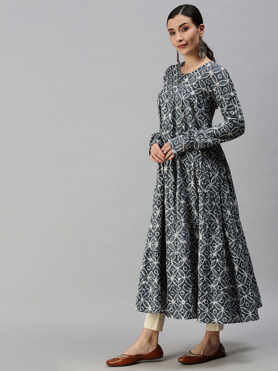 Women Printed Blue Anarkali Kurta-ON005-Blue