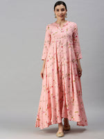 Women Mandarin Collar Printed Pink Anarkali Kurta-ON015-Pink