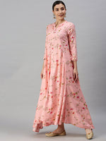 Women Mandarin Collar Printed Pink Anarkali Kurta-ON015-Pink