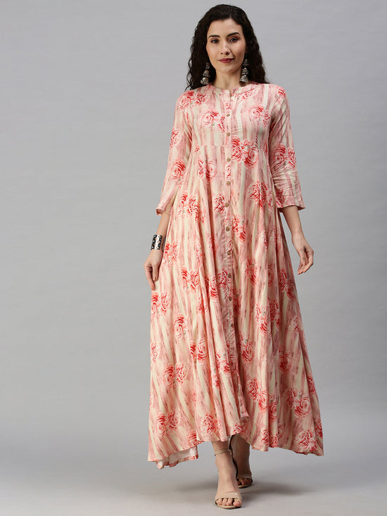 Women Mandarin Collar Printed Pink Anarkali Kurta-ON449B-Pink