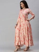 Women Mandarin Collar Printed Pink Anarkali Kurta-ON449B-Pink