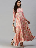 Women Mandarin Collar Printed Pink Anarkali Kurta-ON449B-Pink