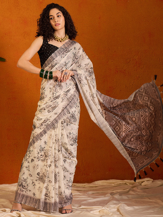 Saree Mall Women's Georgette Off White Printed Designer Saree With Blouse Piece-ORA104