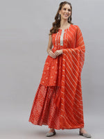 Women's Bandhej printed Cotton Flared short Kurta Sharara Dupatta Set-ORANGEAUDI-XS