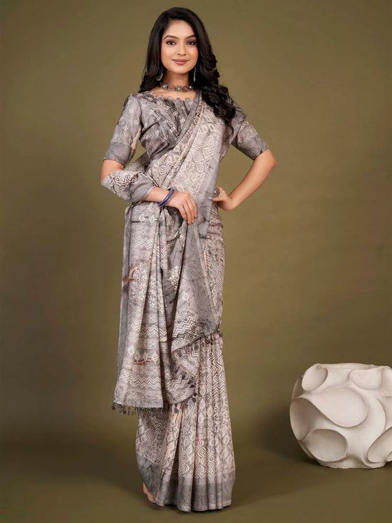 Saree Mall Women's Manipuri  Grey Printed Designer Saree With Blouse Piece-ORBIT02C