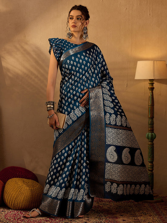 Saree Mall Women's  Blend Teal Blue Printed Designer Saree With Blouse Piece-OXFORD10D