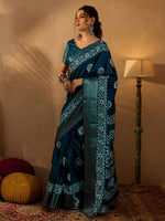 Saree Mall Women's  Blend Teal Blue Printed Designer Saree With Blouse Piece-OXFORD14B