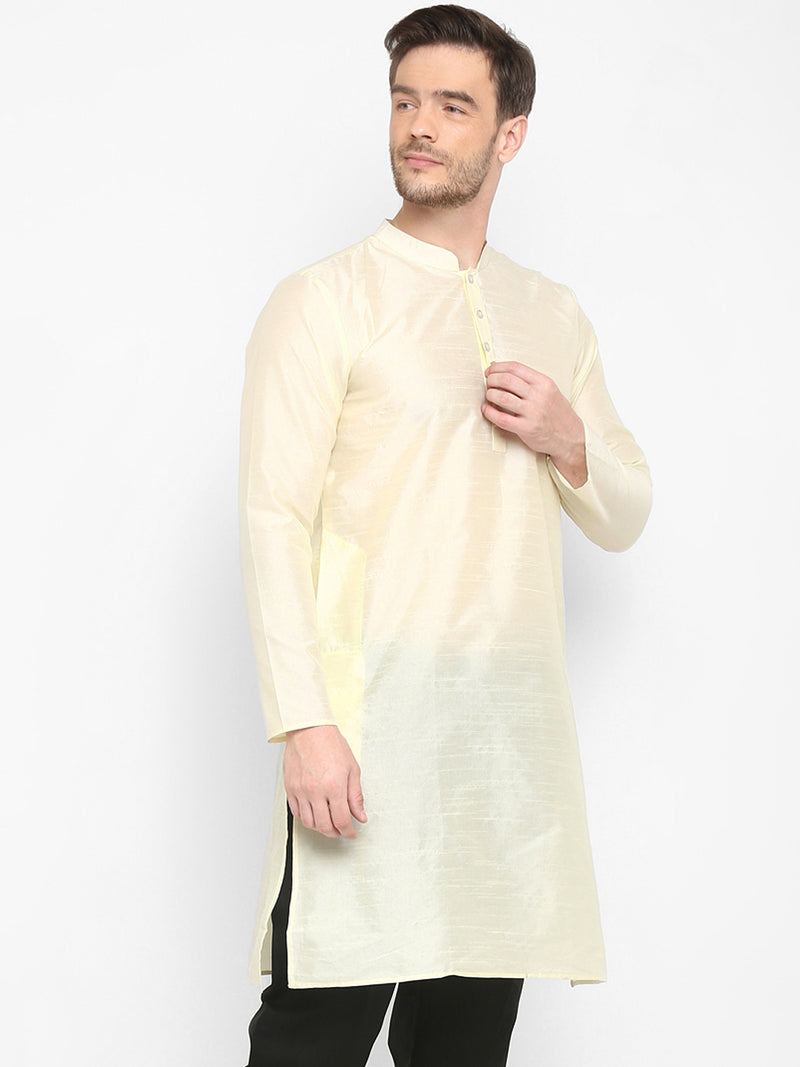 Hangup Men Standard Solid Men's Indian Wear-OffWhite_Dupion_LongKurta