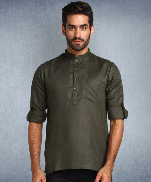 Hangup Men Standard Solid Men's Indian Wear-Olive_Magic_Patch_Short2Kurta