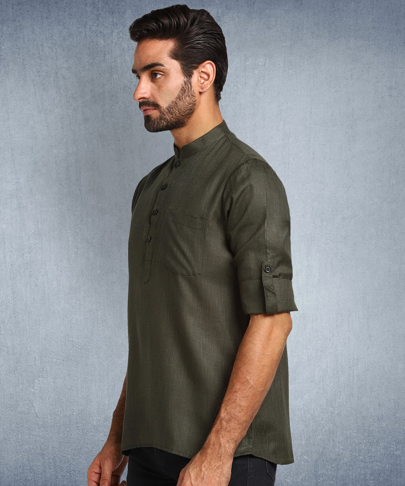 Hangup Men Standard Solid Men's Indian Wear-Olive_Magic_Patch_Short2Kurta