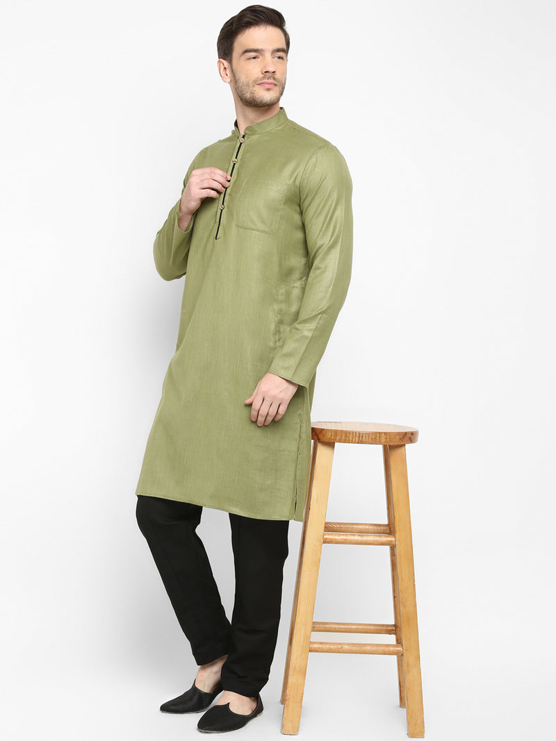 Hangup Men Standard Solid Men's Indian Wear-Olive_Piping_LongKurta