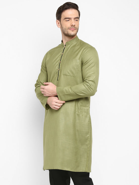 Hangup Men Standard Solid Men's Indian Wear-Olive_Piping_LongKurta