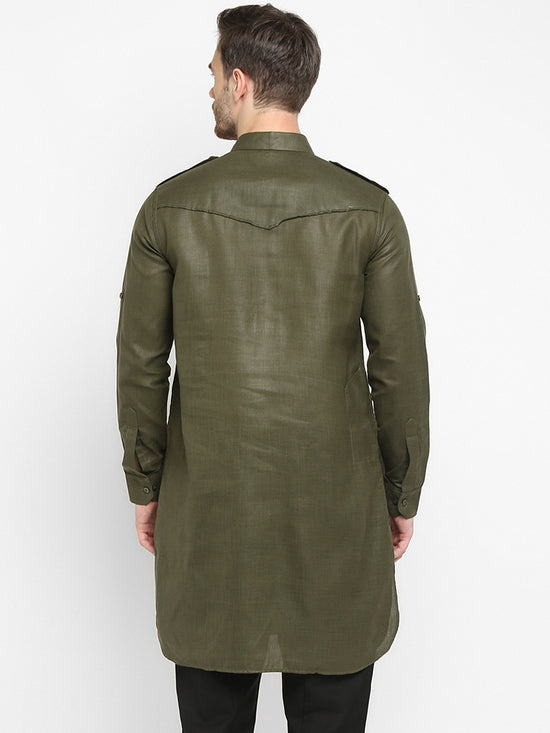 Hangup Men Standard Solid Men's Indian Wear-Olive_Piping_PathaniKurta