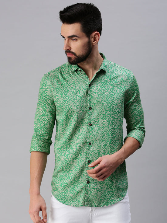 Men Spread Collar Printed Green Shirt-Oliverprint-1009-Green