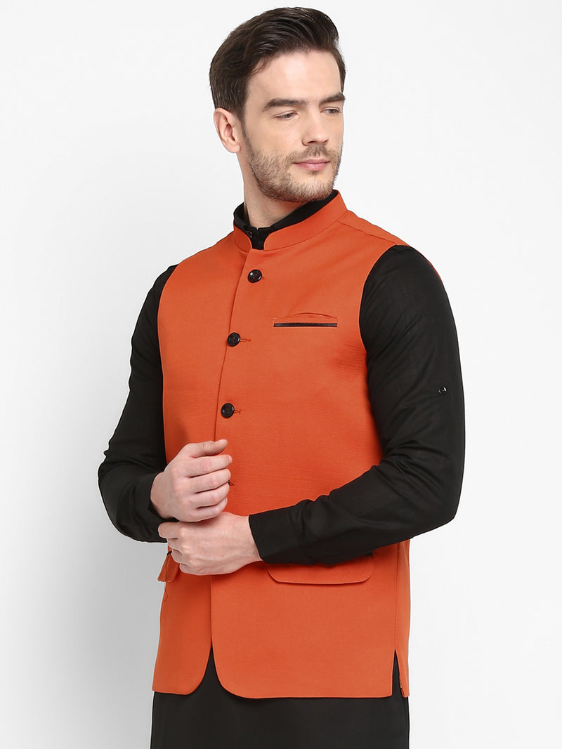 Hangup Men Standard Solid Men's Indian Wear-Orange_Jute1_Nehru