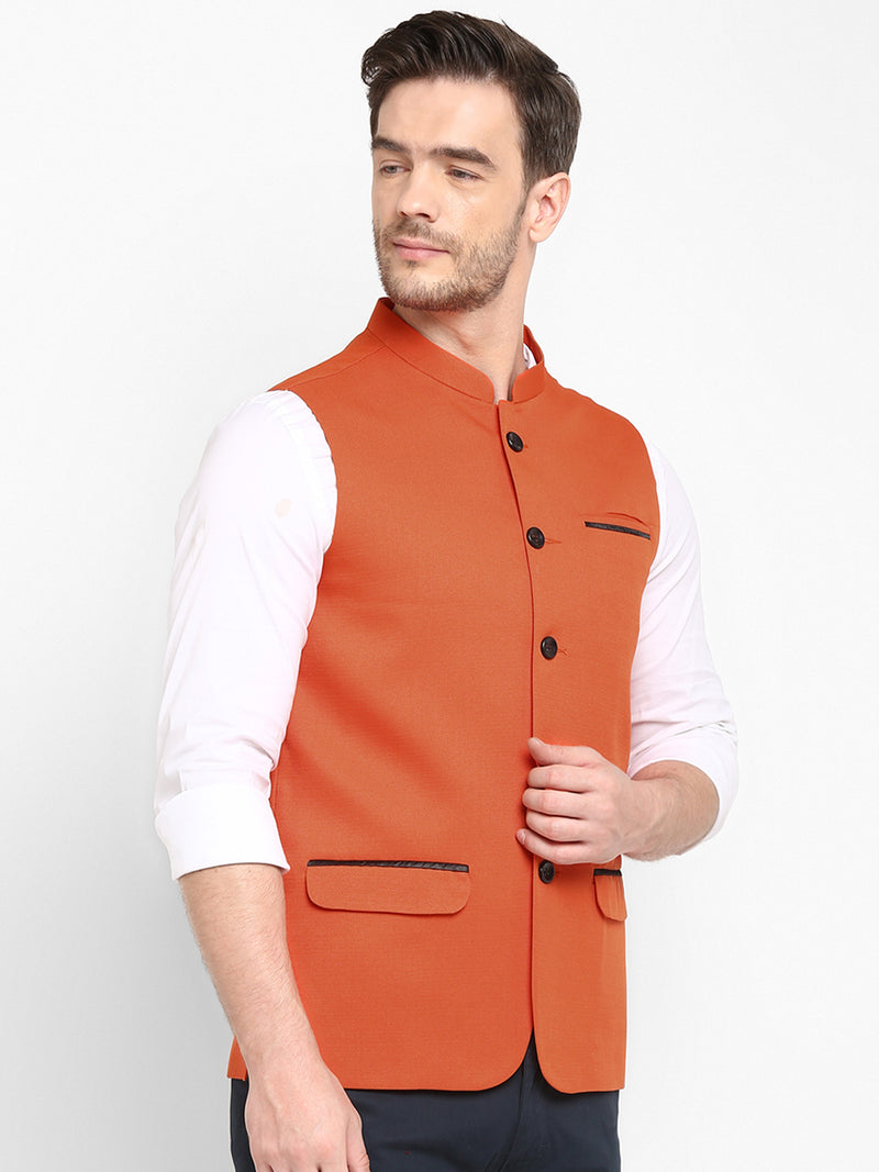 Hangup Men Standard Solid Men's Indian Wear-Orange_Jute_Nehru