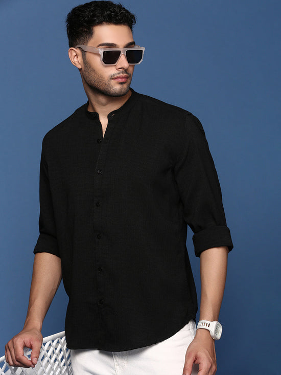 Men Mandarin Collar Solid Black Slim Fit Shirt-Oren-2985-Black