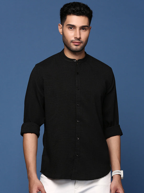 Men Mandarin Collar Solid Black Slim Fit Shirt-Oren-2985-Black