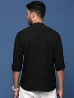 Men Mandarin Collar Solid Black Slim Fit Shirt-Oren-2985-Black