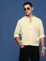 Men Mandarin Collar Solid Yellow Slim Fit Shirt-Oren-2987-Yellow